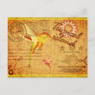 Tropical island hummingbird vintage postcard