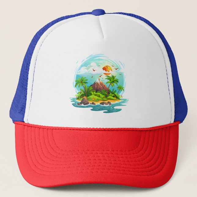 Tropical Island Illustration with Ocean View Trucker Hat (Front)