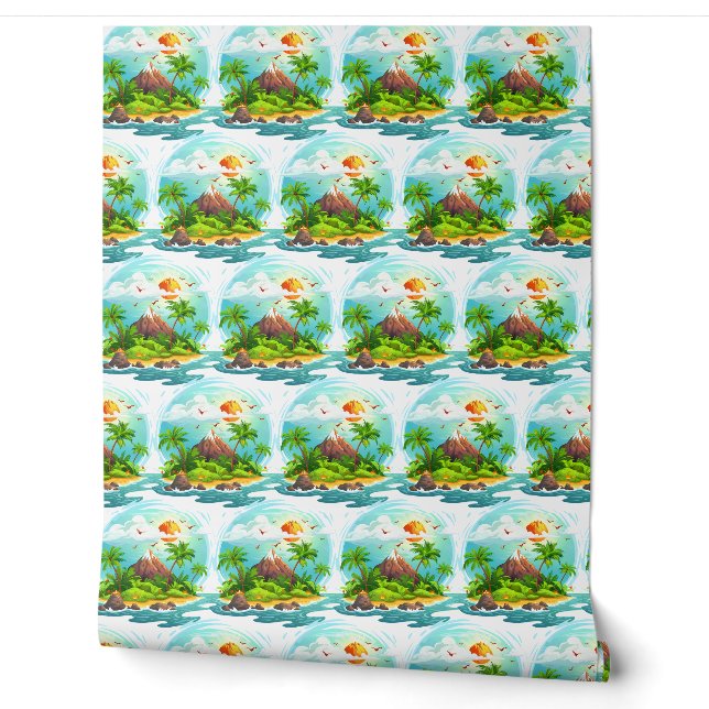Tropical Island Illustration with Ocean View Wallpaper (Unrolling)
