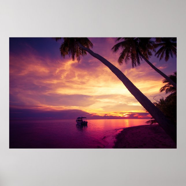 Tropical island in the sunset with a boat 2 poster (Front)