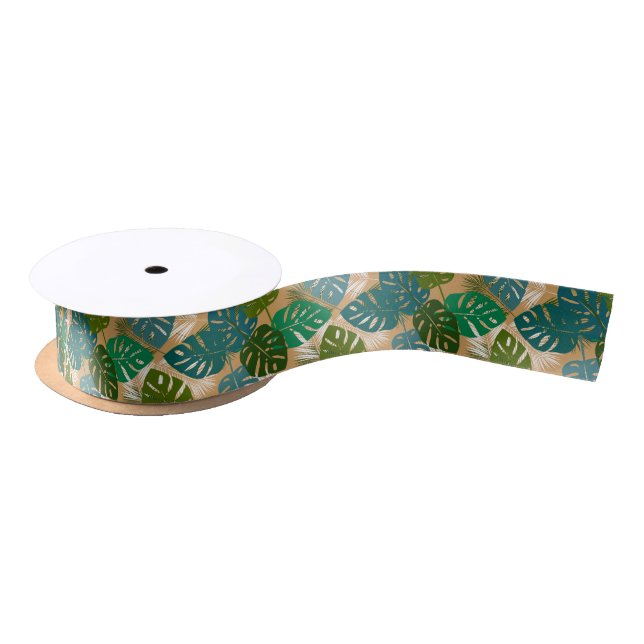 Tropical Island Jungle Foliage Gold Background Satin Ribbon (Spool)