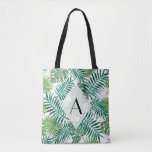 Tropical Island Leaves Monogram Tote Bag<br><div class="desc">Tropical island leaf pattern in green watercolor with white diamond shape monogram in centre. Personalise text font style,  colour,  size,  and background colour.</div>