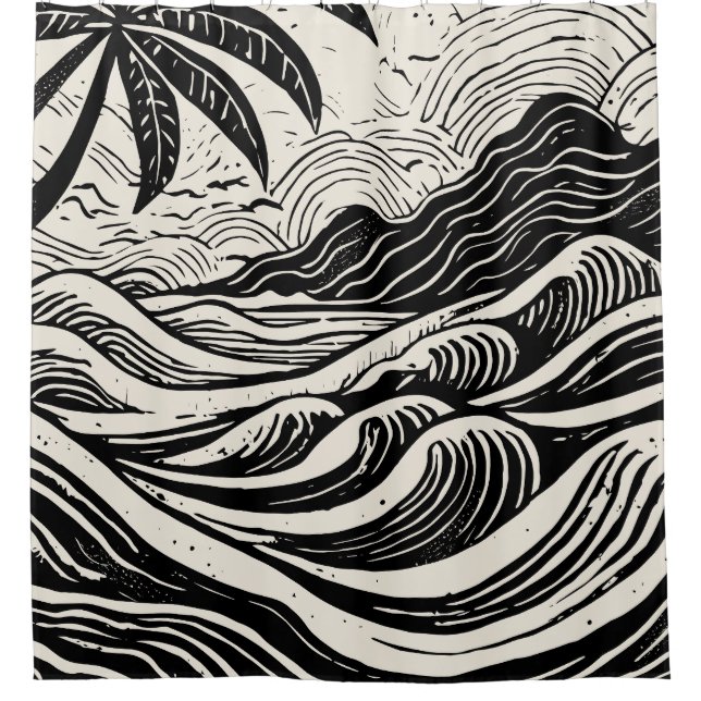 Tropical island lithograph print shower curtain (Front)