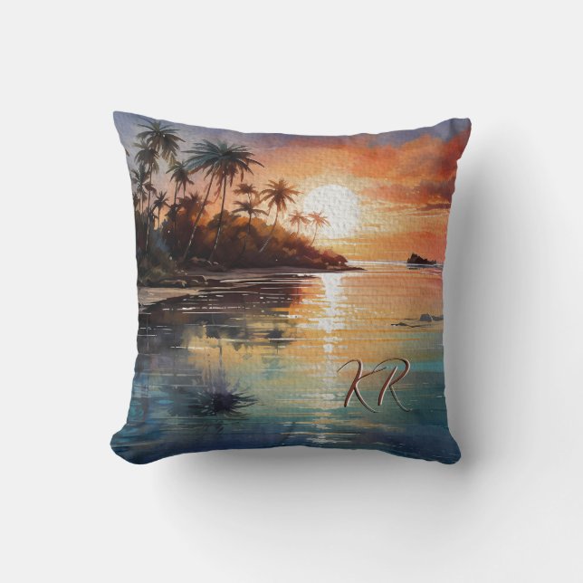 Tropical Island Ocean Beach Scene Initials  Cushion (Front)