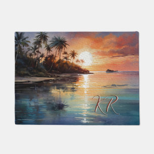 Tropical Island Ocean Beach Scene Initials  Doormat