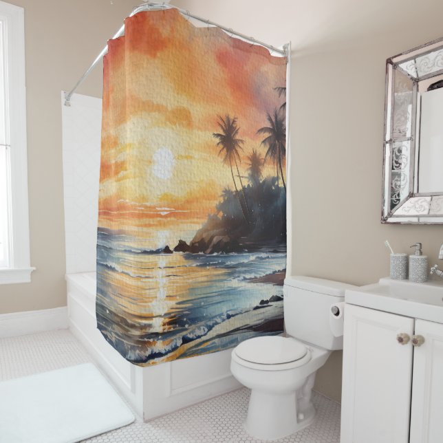 Tropical Island Ocean Beach Sunset Shower Curtain (In Situ)
