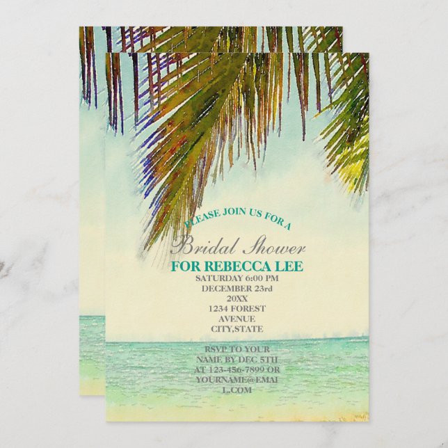 tropical island palm tree beach bridal shower invitation (Front/Back)