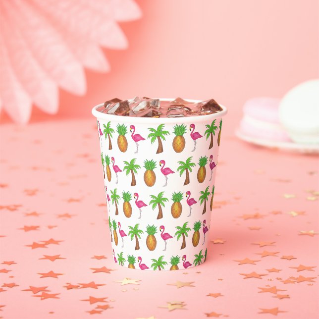 Tropical Island Palm Tree Pineapple Pink Flamingo Paper Cups (Insitu)