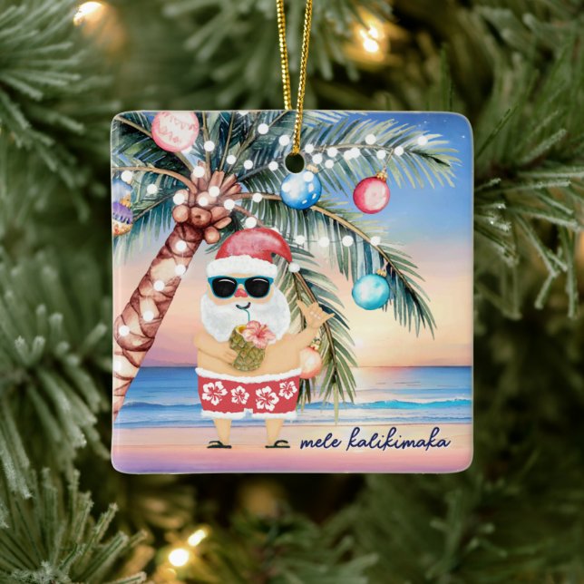 Tropical Island Palm Tree & Santa Christmas Ceramic Ornament (Tree)