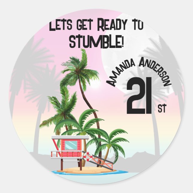 Tropical Island Palm Tree Sunset  Classic Round Sticker (Front)