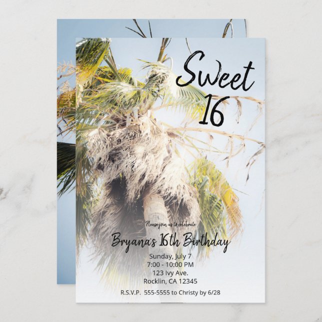 Tropical Island Palm Tree Sweet 16 Birthday Party  Invitation (Front/Back)