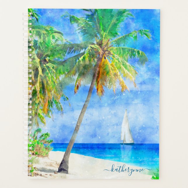 Tropical Island Palm Tree with Sailboat Planner (Front)