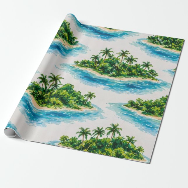 Tropical Island Palm Tree Wrapping Paper (Unrolled)