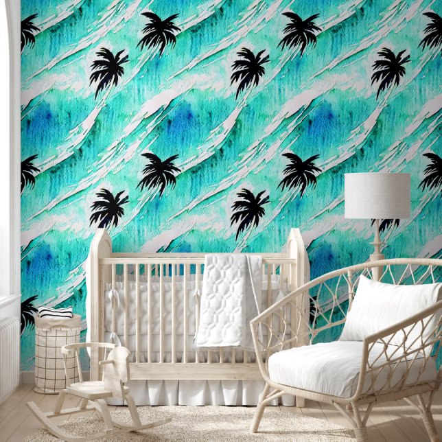 Tropical island palm trees coastal ocean pattern wallpaper (Kids)