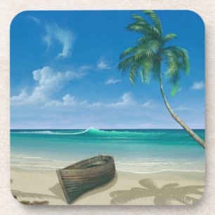 Tropical Island Paradise Boat on Sandy Beach Coaster