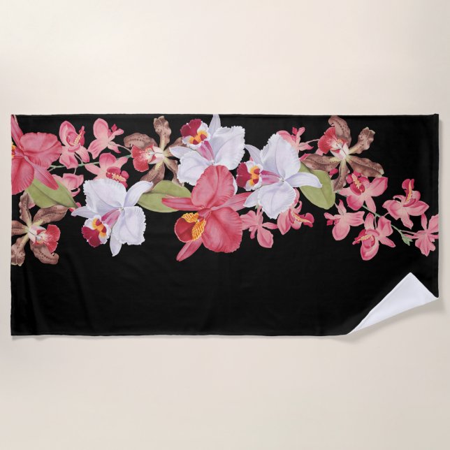 Tropical Island Pink Orchid Flowers Beach Towel (Front)