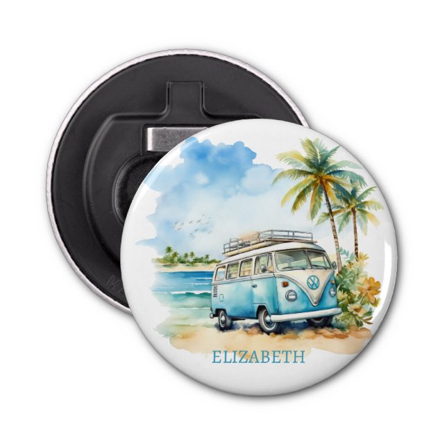Tropical Island Retro Blue Bus  Bottle Opener (Front)