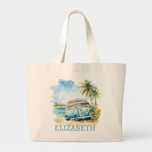 Tropical Island Retro Blue Bus Large Tote Bag