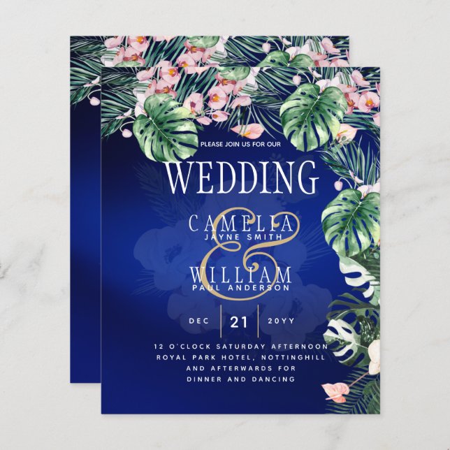 Tropical Island Royal Blue Flowers Leaves Wedding (Front/Back)