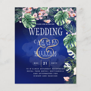 Tropical Island Royal Blue Flowers Leaves Wedding Flyer