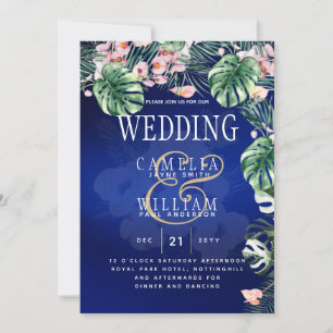 Tropical Island Royal Blue Flowers Leaves Wedding Invitation