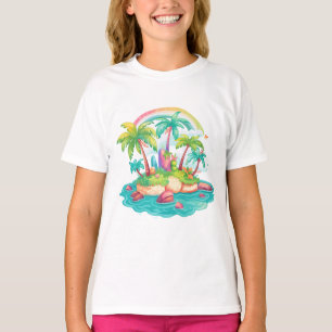 Tropical Island Scene – Palm Trees with Rainbow T-Shirt