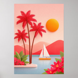 tropical island scene with palm trees, sailboat poster