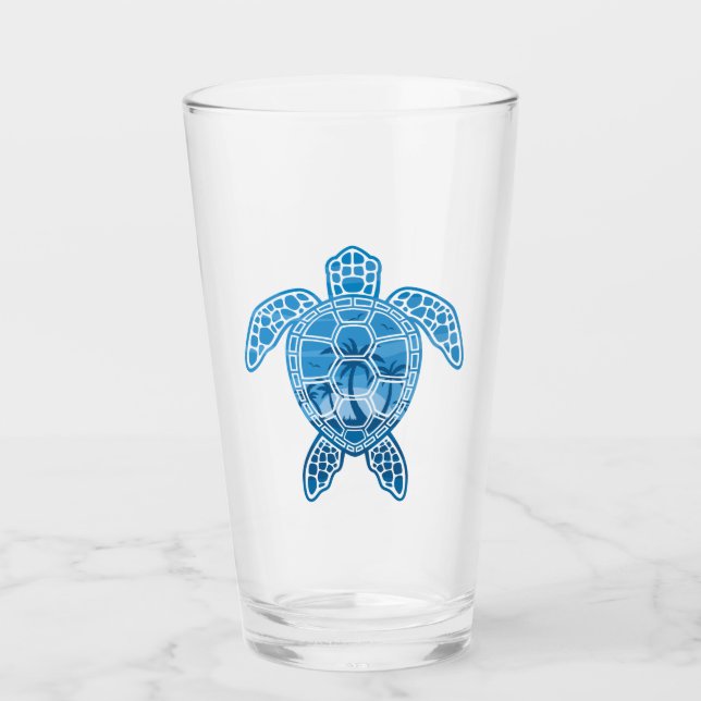 Tropical Island Sea Turtle Design in Blue Glass (Front)