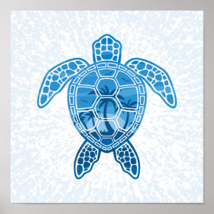 Tropical Island Sea Turtle Design in Blue Poster