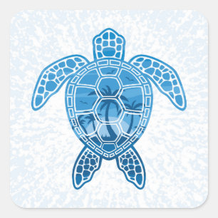 Tropical Island Sea Turtle Design in Blue Square Sticker