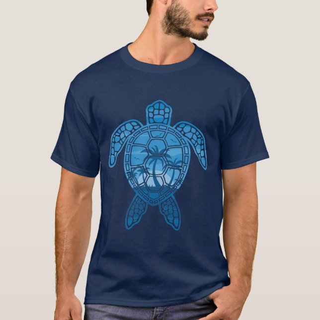 Tropical Island Sea Turtle Design in Blue T-Shirt (Front)