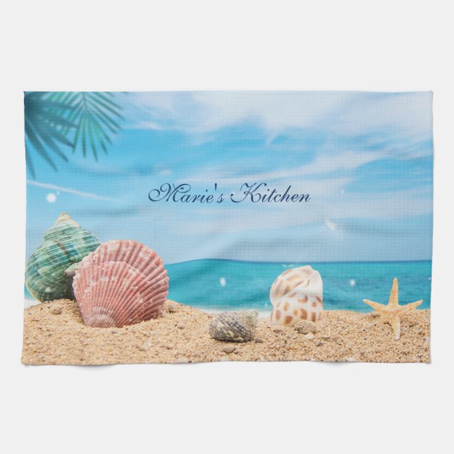 Tropical Island Seashells Turquoise Water  Beach T Tea Towel (Horizontal)