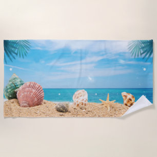 Tropical Island Seashells Turquoise Water  Beach Towel