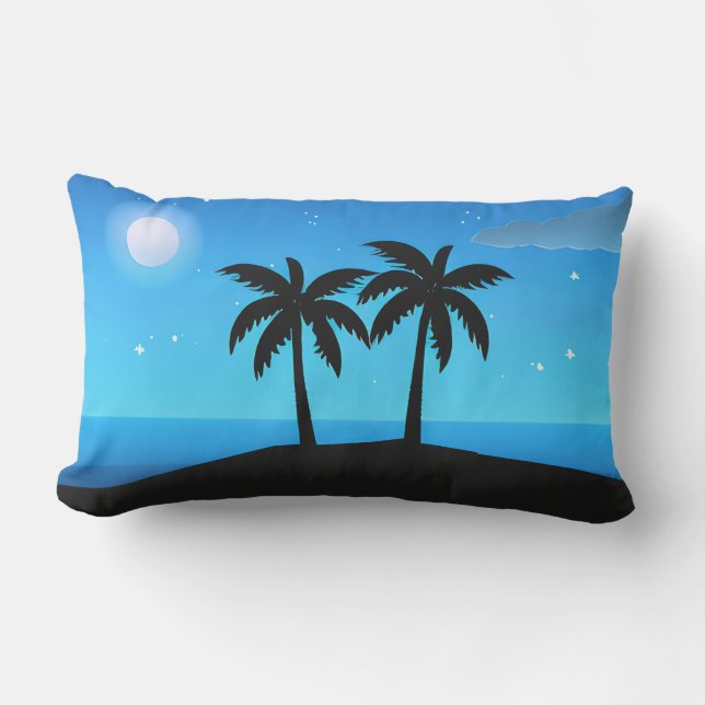 Tropical Island Silhouette with Moon and Stars Lumbar Cushion (Front)