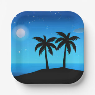 Tropical Island Silhouette with Moon and Stars    Paper Plate