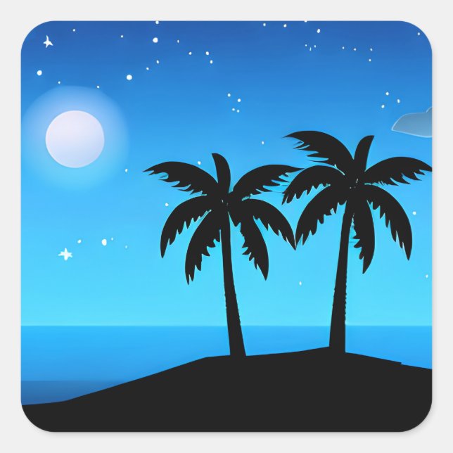 Tropical Island Silhouette with Moon and Stars Square Sticker (Front)