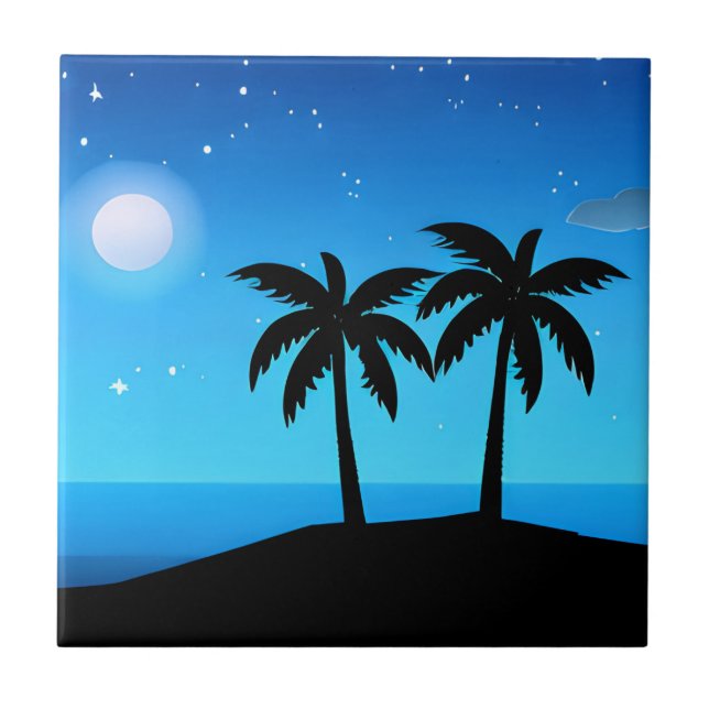 Tropical Island Silhouette with Moon and Stars Tile (Front)