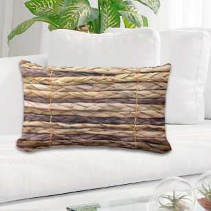 tropical island style beach rustic woven wicker lumbar cushion