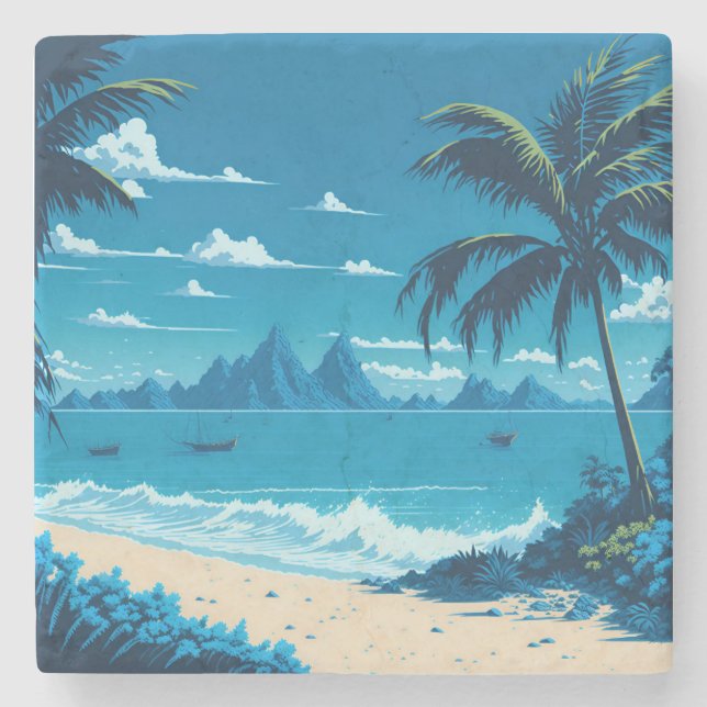 Tropical Island Summer Blue Ocean Beach Vibes Stone Coaster (Front)