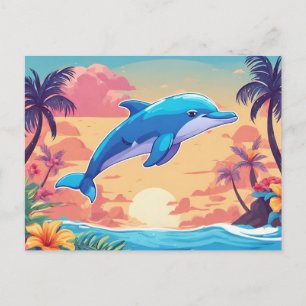 Tropical Island Sunset and Dolphin Postcard