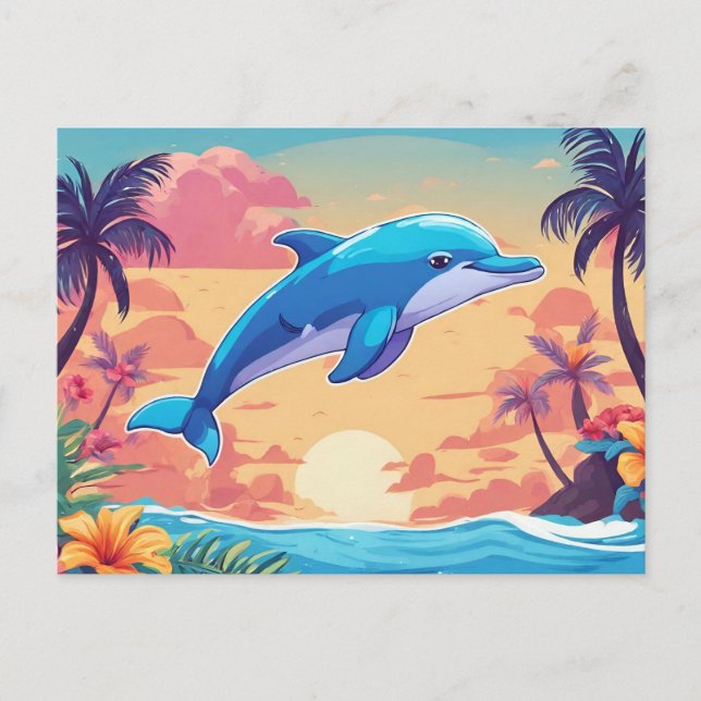 Tropical Island Sunset and Dolphin  Postcard (Front)