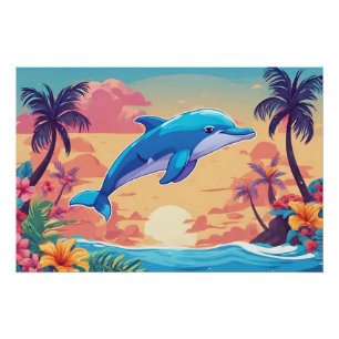 Tropical Island Sunset and Dolphin  Poster