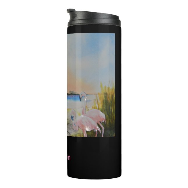 Tropical Island Sunset Flamingo Travel Thermal Tumbler (Rotated Right)
