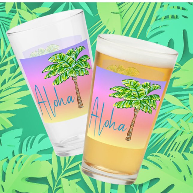  Tropical Island Sunset Green Palm Tree Aloha Glass (Personalize with your own name or message)