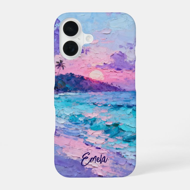 Tropical Island Sunset Landscape w/ Name iPhone 16 Case (Back)