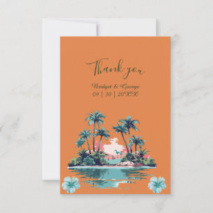 Tropical Island Sunset with Palms Hibiscus wedding Thank You Card