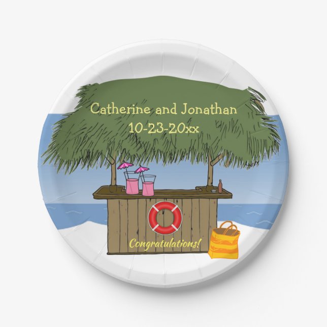 Tropical Island Tiki Hut Bar Wedding Theme Summer Paper Plate (Front)