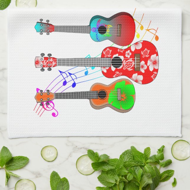 Tropical Island Ukulele Player Music Tea Towel (Folded)