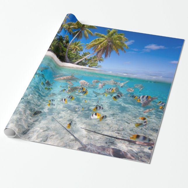 Tropical island under and above water wrapping paper (Unrolled)