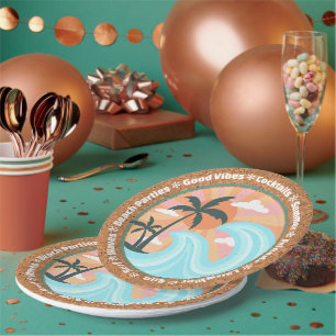 Tropical Island Vibes On Faux Cork Texture Pattern Paper Plate